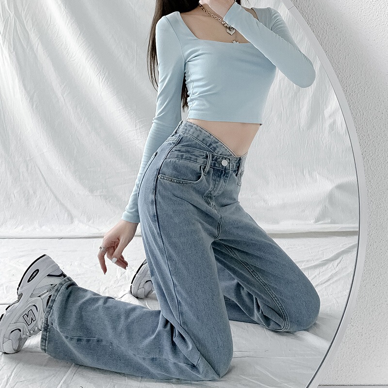 Design Sense Cross High Waist Jeans Women's Loose Autumn American Style Short Wide Leg Straight Tube Dipped Pants for Women