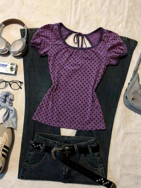 American-Style Pure and Sweet Women's Purple Polka Dot Print Backless Tie-Up Puff Sleeve Slim-Fit T-Shirt Top