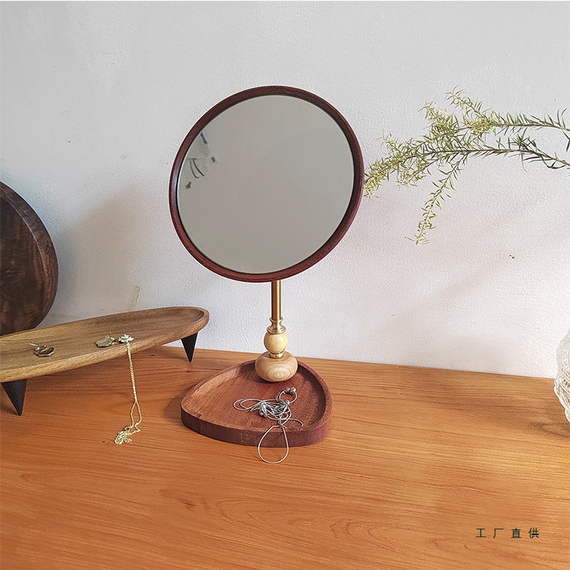 中古木质桌面圆形化妆镜台式可旋转梳妆台复古美妆镜ins梳妆镜