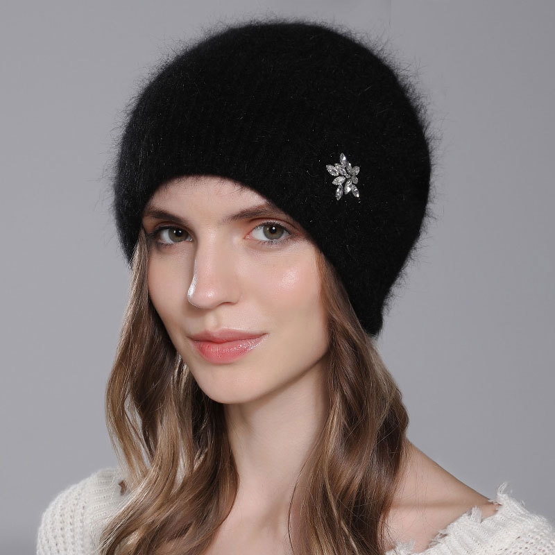 Winter Angora Rabbit Hair Knitted Fashion Water Diamond Warm Woolen Women's Versatile Pullover Hat_voghion.com