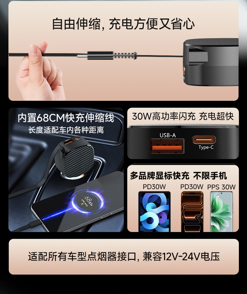 Zuzg Comes with a Retractable Cable Car Charger Suitable for Huawei and Xiaomi Full-Protocol Super Fast Charging Car Chargers