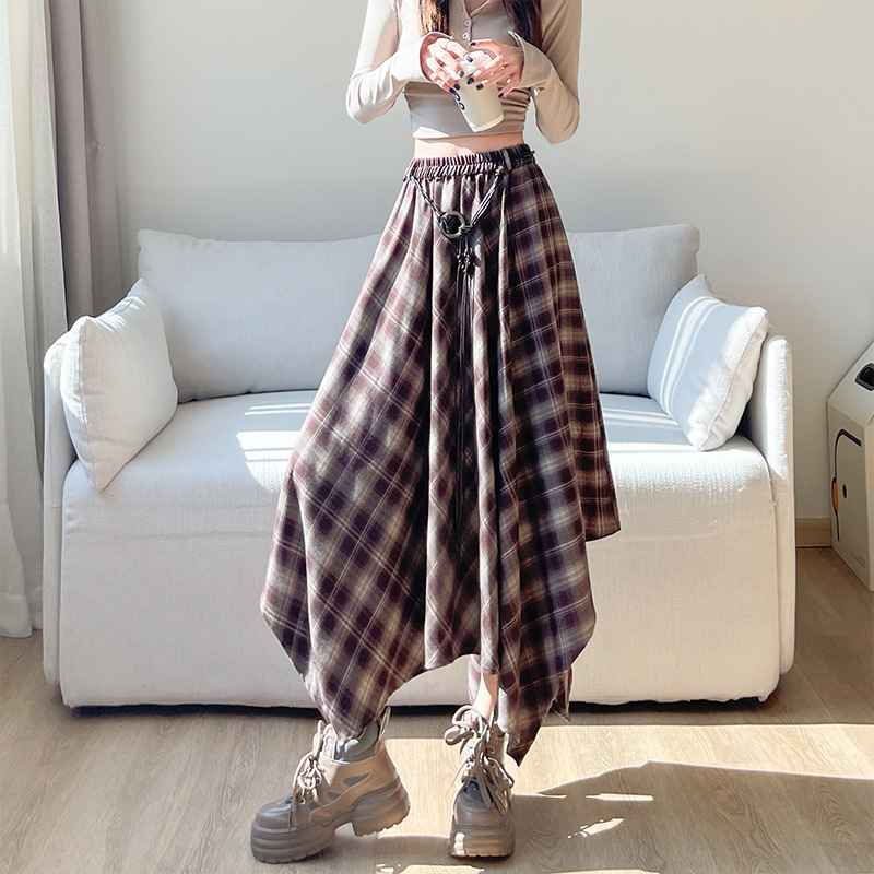 韩版不规则格纹半身裙女2025秋季复古格子松紧腰显瘦中长款a字裙|undefined