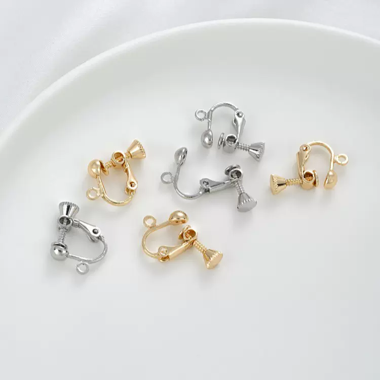 保色14K包金无痛无耳洞带吊珠子螺丝耳夹diy手工耳环饰品材料配件