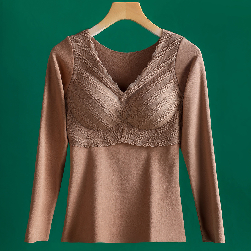 Otoño e Invierno de terciopelo sin costuras ropa interior térmica engrosada de las mujeres con cuello en V encaje bottoming ropa con almohadilla en el pecho temperatura constante térmica de manga larga