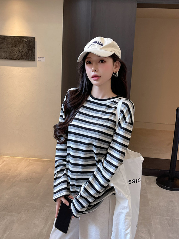 慵懒风chic春秋冬季打底衫2025美式条纹t恤女宽松中长款长袖上衣|undefined