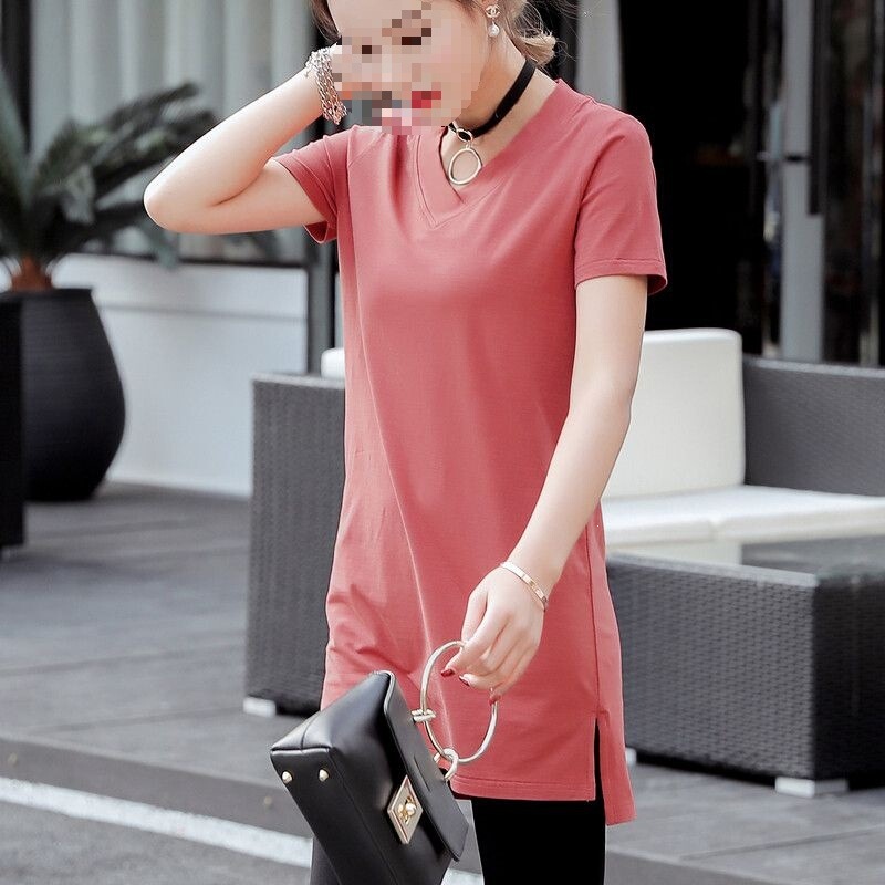 Short-Sleeve Pure Cotton Plus-Size Women's V-Neck T-Shirt for Petite Women, Mid-Length, Extended Version, Over-The-Hip Base Shirt