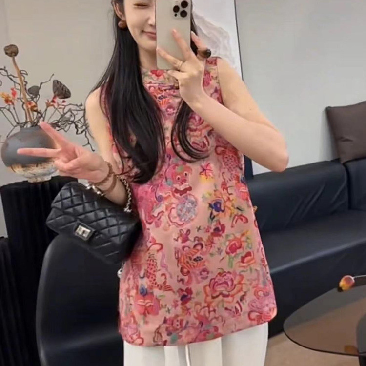 New Chinese Style Jacquard Sleeveless Vest Shirt for Women 2025 Summer New Loose Versatile Old Money Style Button-Up Top