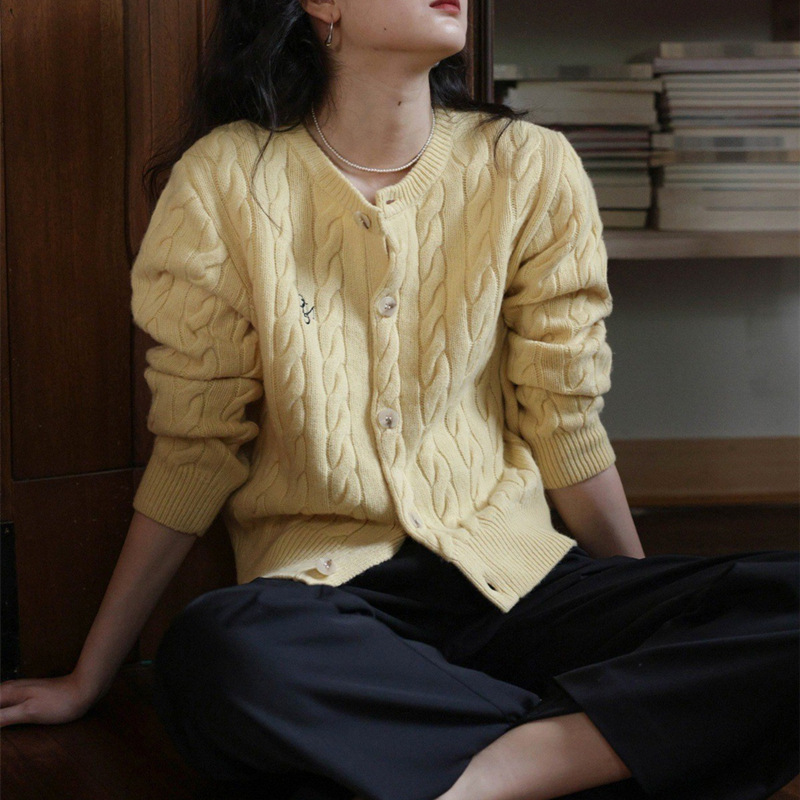 Word-Of-Mouth Australian Merino Wool Cable Round Neck Knitted Cardigan Jacket Spring Knitted Knitwear Long Sleeves