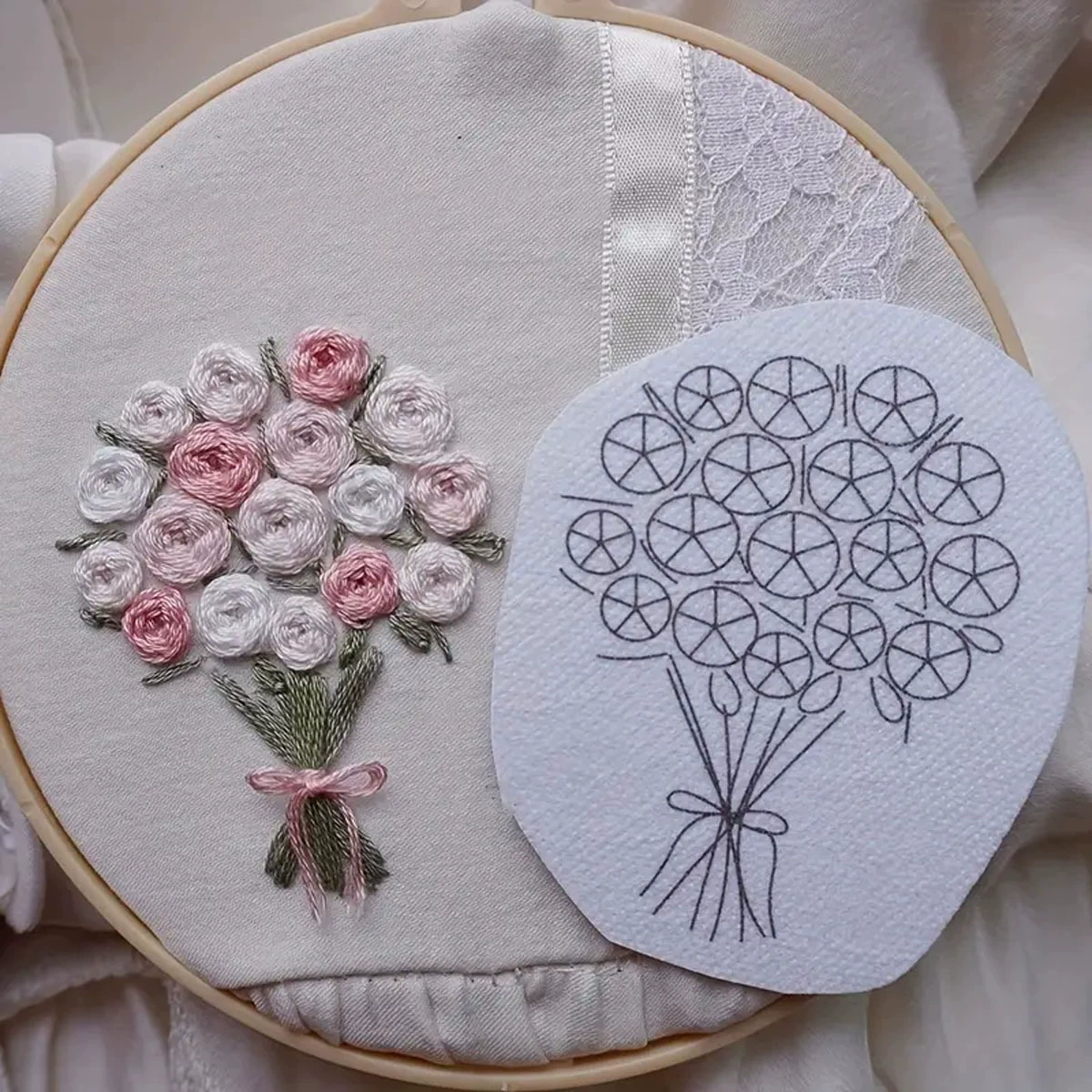 Розовые цветы ручной работы вышивка самоклеящаяся нетканая ткань набор полный набор с инструкциями для вышивки