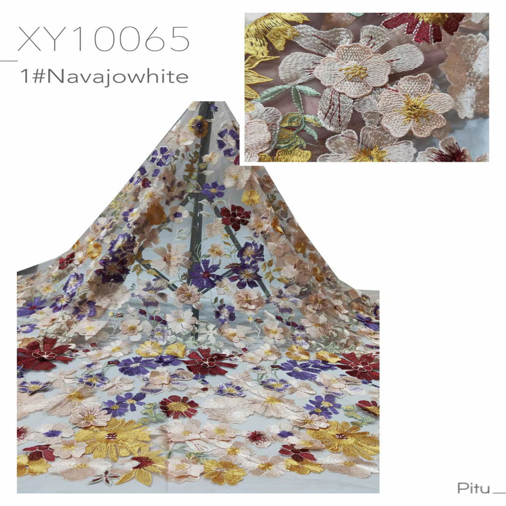 新款高档花朵网纱刺绣蕾丝布料单边多色花连衣裙晚礼服面料大花贴