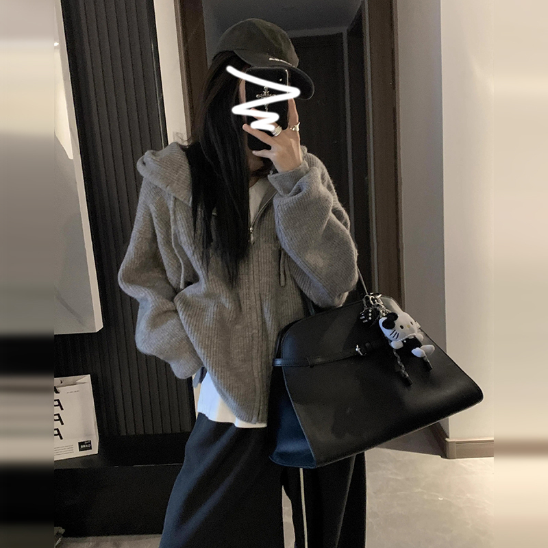 韩系连帽拉链宽松毛衣女秋冬2025新款内搭慵懒感针织开衫外套百搭|undefined