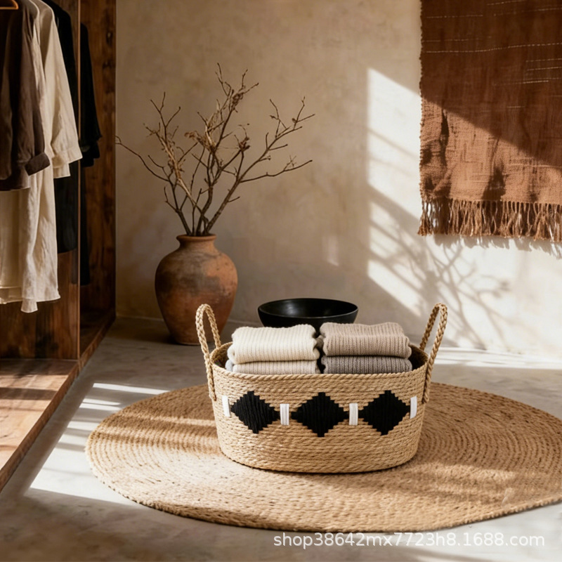 Hand-stitched Storage Basket Dirty Clothes Basket Straw Weaving Basket Shop Display Basket Homestay Soft-fitting Model Room Decorations Sundries