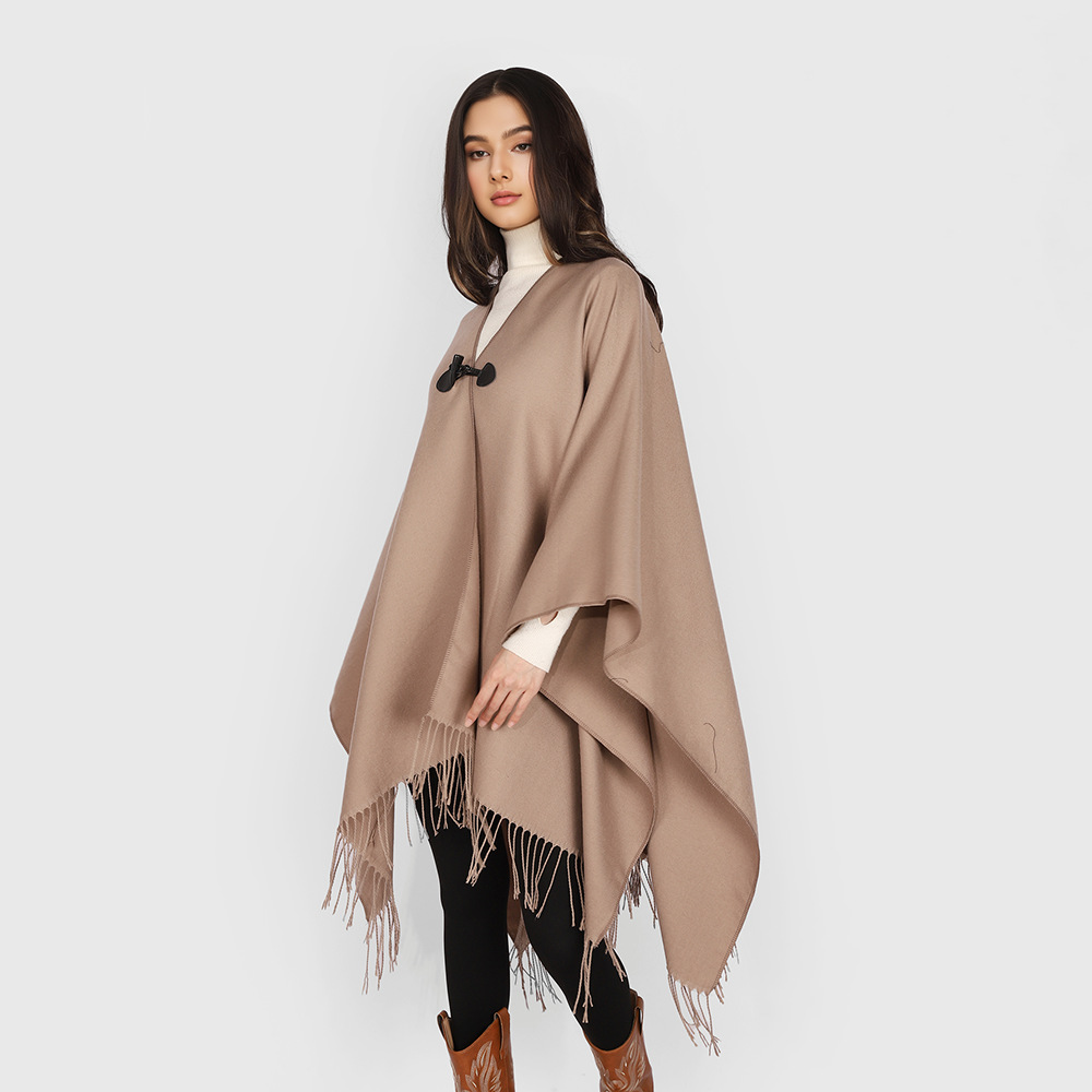 Primavera y otoño chal con flecos capa con hebilla chaqueta de punto para mujer otoño e invierno de longitud media con cuello en V tejido exterior color sólido