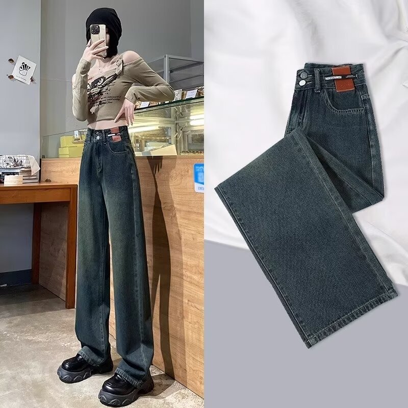 Vintage Wide-Leg Jeans for Women with a Designer Leather Label, High-Waisted, Loose, Slimming, Drapey, Floor-Length Pants, Trendy Straight-Leg Pants on Instagram