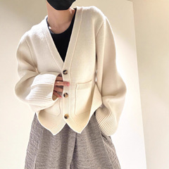 亚马逊跨境毛衣女外套2025秋冬新款休闲纯色v领高腰针织口袋开衫