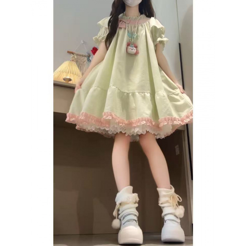 甜美可爱小个子粉色蝴蝶拼接泡泡袖连衣裙女学生夏季新款显瘦短裙