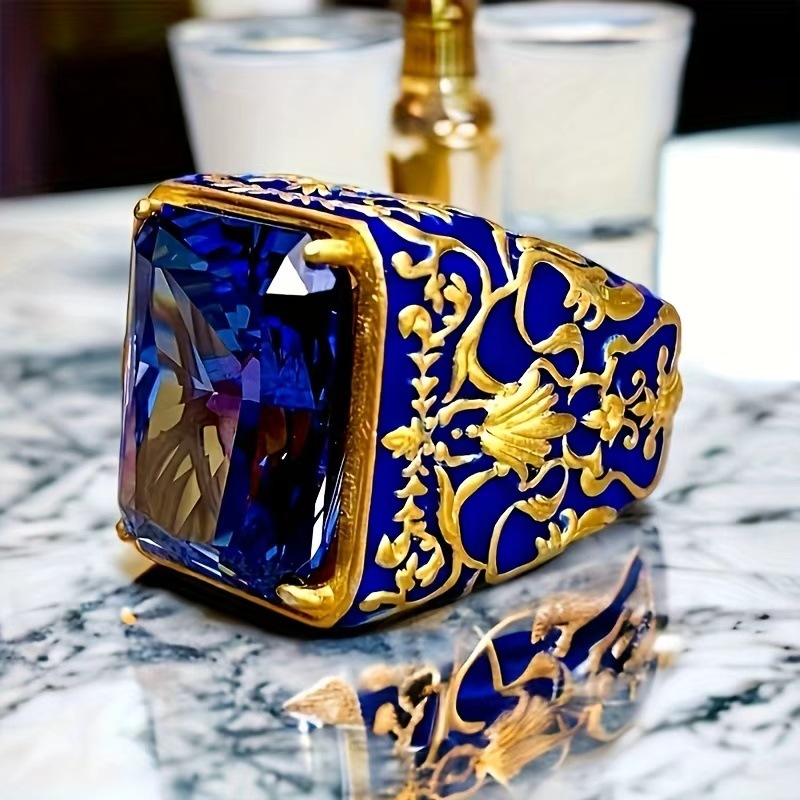 Large Square Small Square Oval Men's Ring Gold-Plated Ring Men's Inlaid Obsidian Agate Ring Manufacturer Wholesale