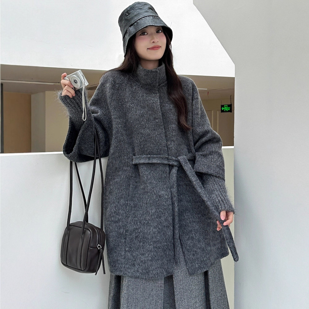 Hepburn Style Rabbit Fur Sleeve Double-Sided Wool Coat for Women Korean Style Lace-Up Mid-Length Gray Elegant Cashmere Woolen Outwear