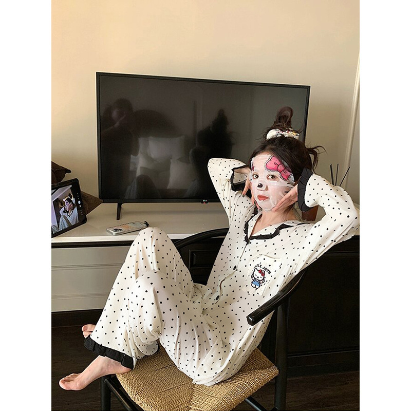 跨境韩版ins风睡衣女春秋季长袖甜美花边格子休闲大码家居服套装|undefined