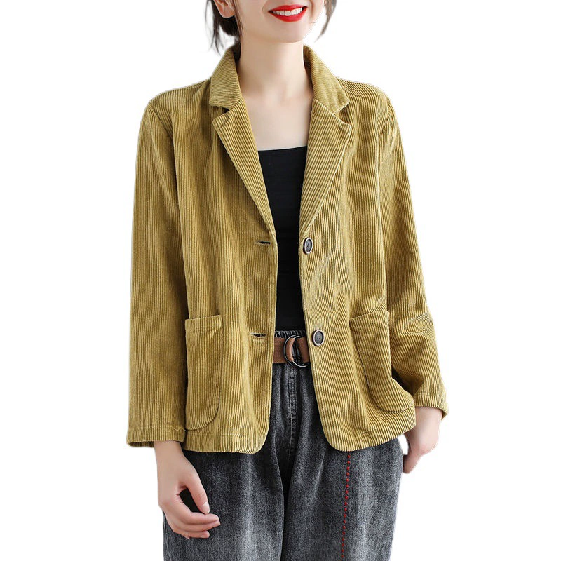 Костюм из гуда Corduroy, однотонный пиджак, осенний ретро с длинным рукавом для отдыха, высокий воротник, 2023, оверсайз