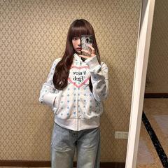 学院风美式复古星星满印开衫连帽卫衣女秋季2025新款显瘦帽衫外套