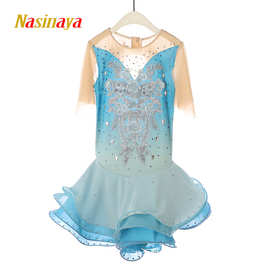 福诺花样滑冰服表演服溜冰服女款比赛裙子蓝渐变可爱短袖裙花朵