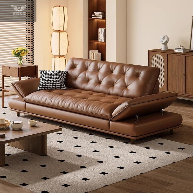 Sofá de cuero de piel de vaca de primera capa Sala de estar minimalista moderna Vela de estilo retro en línea recta estilo italiano de alta gama ligero lujo minimalista