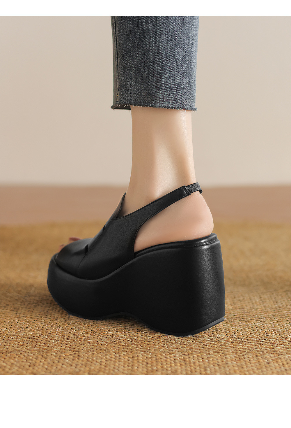 Sandal nữ đế xuồng cao gót da thật phong cách La Mã, gót 9 cm — đen, Màu trắng nhạt chi tiết 8