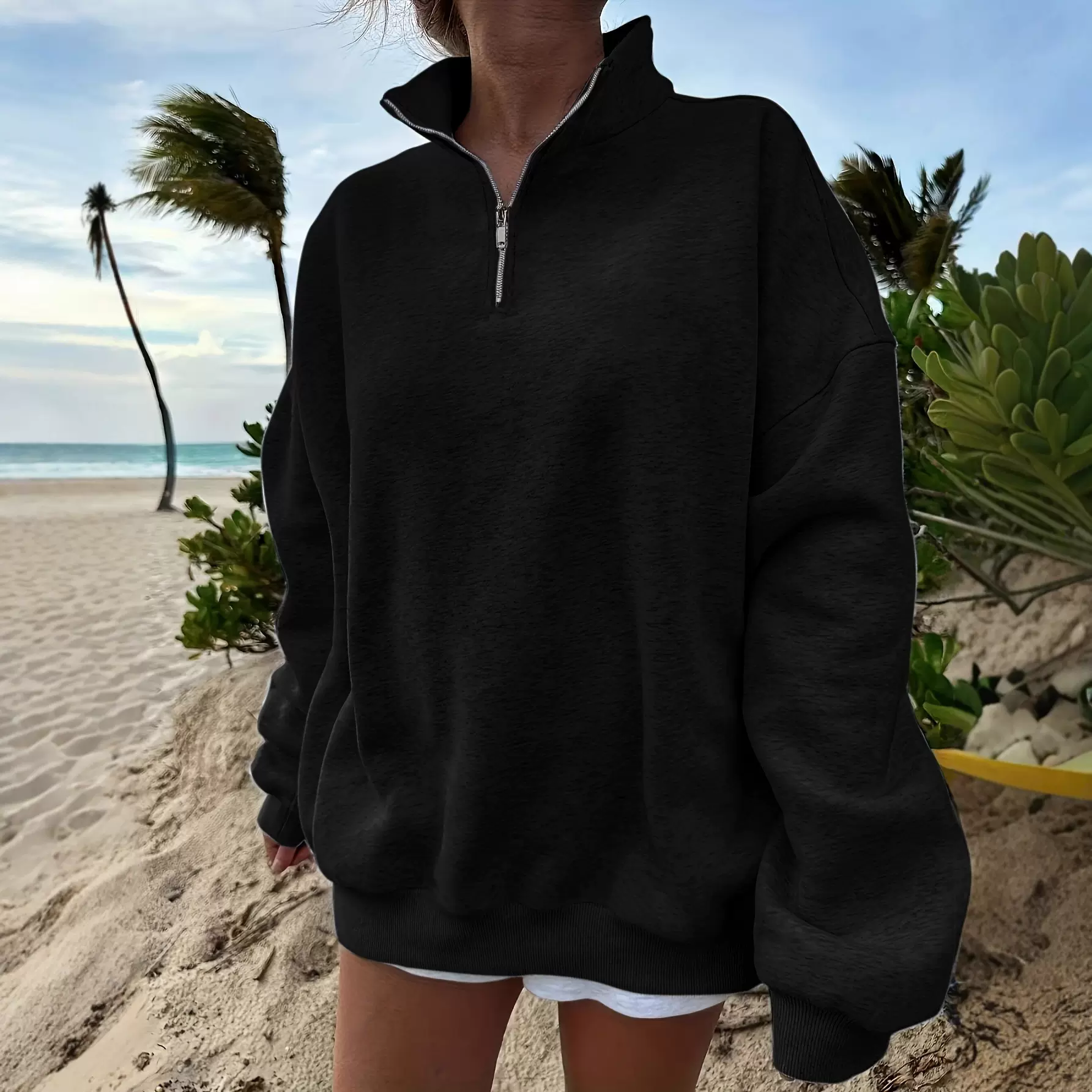 外贸卫衣现货欧美亚马逊跨境户外秋冬休闲宽松长袖卫衣半拉链女士