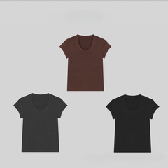 クロスボーダーUネック【リヨセルテンセル+羊毛】小飛袖デザイン気質半袖Tシャツレディースブラックモー