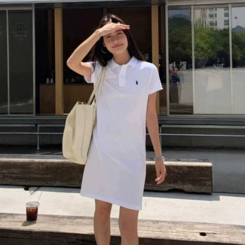 Cross-Border High-Quality Cotton Pique Mesh Lapel Loose Short-Sleeved Solid Color Dress Straight-Cut Women's Dress