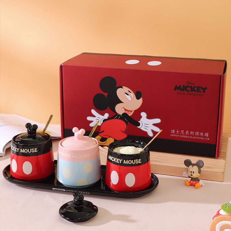 Conjunto de recipiente de condimento de cerámica de Mickey, caja de regalo, recipiente de sal con cuchara, recipiente de condimento de cocina, caja de condimento doméstica