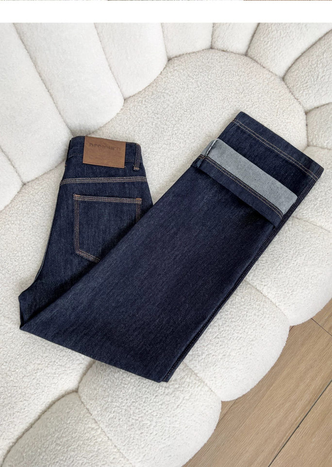 Quần jean ống rộng nữ eo cao màu xanh đậm form suông dài — Deep Blue 9 điểm, Màu xanh đậm kéo dài, Thông thường Deep Blue, Màu xanh đậm, chín điểm chi tiết 6