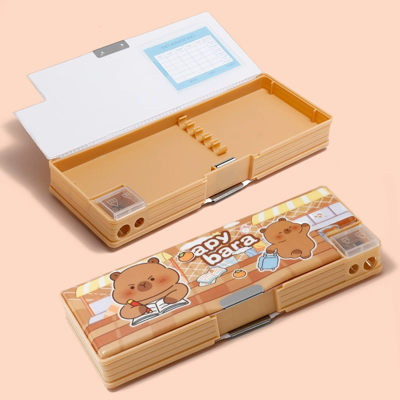 Double-layer capacious plastic pencil case for students for boys and girls