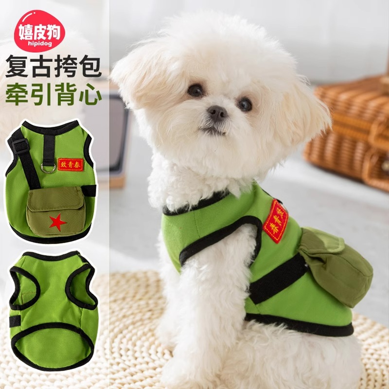 Primavera y verano perro estilo universitario retro para jóvenes bolso de hombro chaleco de estudiante de dos pies gato peluche ropa para perros