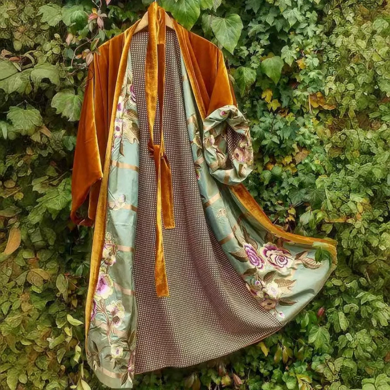 Хит продаж! Корейское вельветовое длинное платье-кардиган с атласным поясом, крупный размер, цифровая цветочная расцветка, пижама.