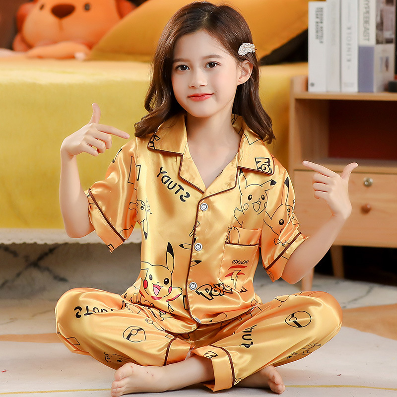 春夏季睡衣女童短袖长裤开衫冰丝薄款母女装家居服卡通亲子装