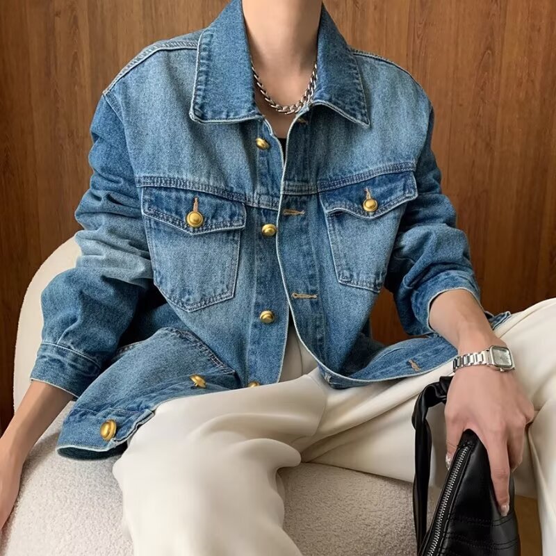 Foreign trade autumn new lapel washed long sleeve Denim jacket for boys and girls gold buckle design loose coat tide