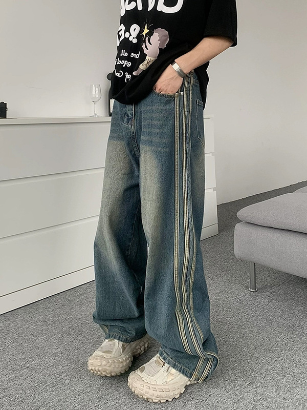 Washed Distressed Side Striped Jeans for Men and Women American Style Retro Loose Straight Leg Wide Leg Pants oversiz Washed Distressed Side Striped Jeans for Men and Women American Style Retro Loose Straight Leg Wide Leg Pants oversiz