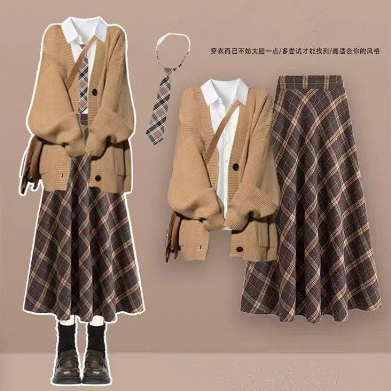 秋冬款韩系学生穿搭针织开衫外套女+衬衫+领带+格子裙四件套|undefined
