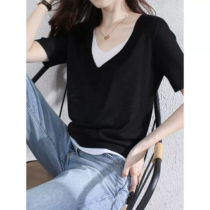 Элегантная простая трикотажная рубашка из двух предметов с V-образным вырезом, женская летняя новая узкая Базовая рубашка с короткими рукавами, модная Свободная рубашка 2022 года