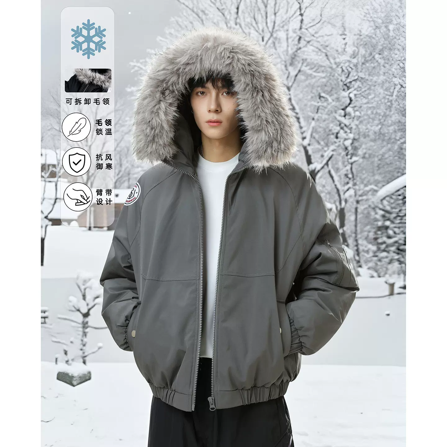 可拆卸毛领连帽棉服男冬季加厚保暖工装派克服防泼水短宽棉衣外套