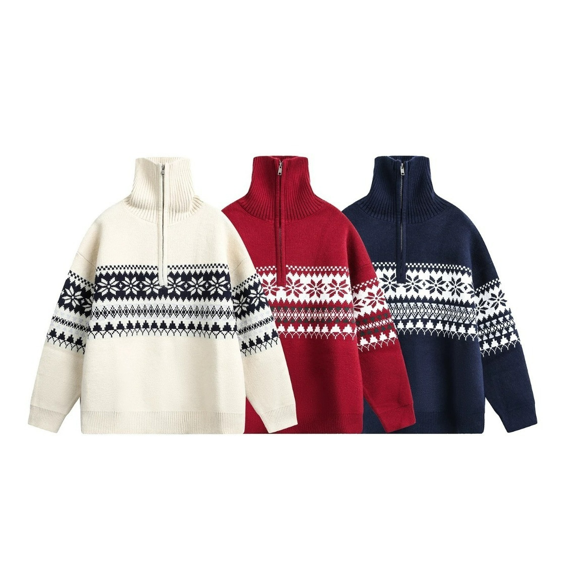 Jacquard turtleneck half-zip sweater for men and women, autumn and winter retro, relaxed, versatile casual knitwear jacket, source factory.
