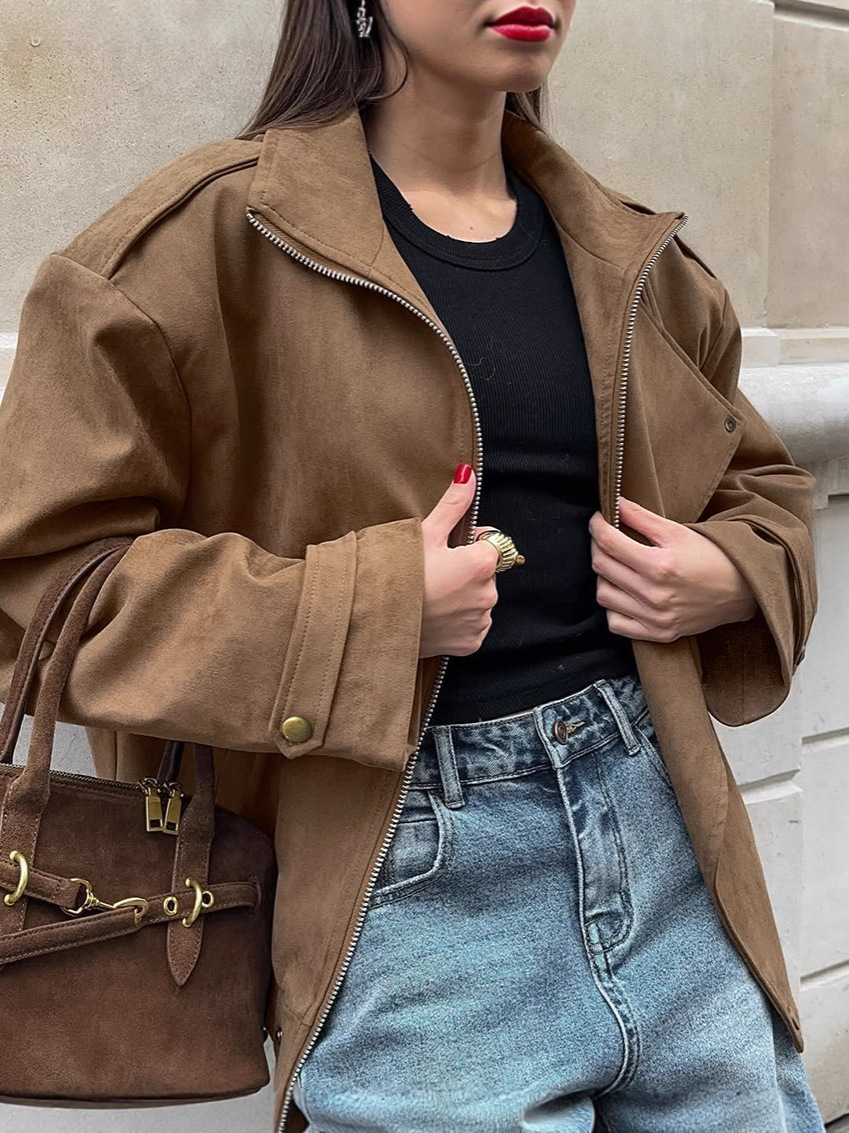 Retro velvet autumn fashionable khaki jacket