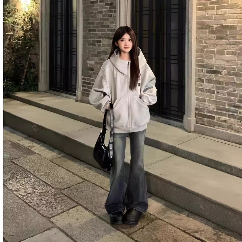 美式复古灰色高领连帽卫衣女宽松oversize慵懒风开衫学院风外套潮|undefined