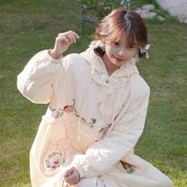 日系温柔甜美小清新刺绣连帽加厚棉服中长款休闲棉衣外套冬季少女