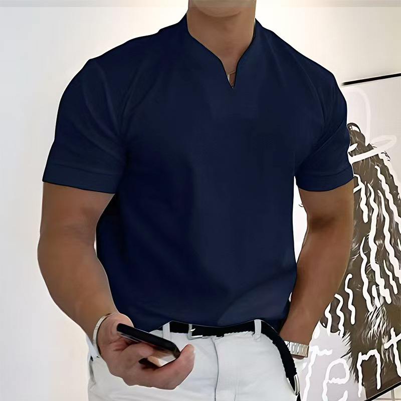 2025 verano nuevo estilo musculoso masculino fitness deportivo camiseta de manga corta elástica de verano con cuello en V para hombre
