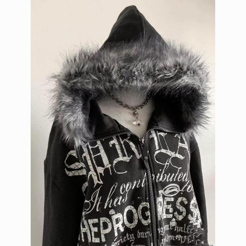 Vintage Black Hooded Sweatshirt with Letters, Autumn/Winter Dark Punk Padded Zip-Up Hoodie Sweatshirt with Wool Collar