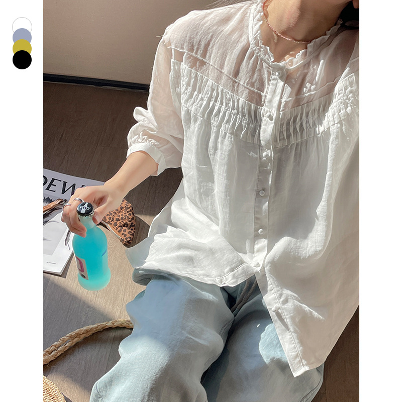 PLUS Sucho 100% Ramie French Style Elegant Lace Collar Bubble Sleeve Small Shirt Women's Light Cool Organ Pleat Shirt