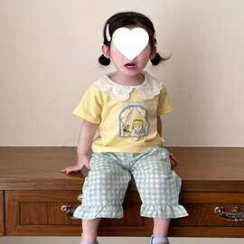 女童超萌套装夏季儿童洋气娃娃领卡通短袖T恤休闲阔腿裤两件套夏